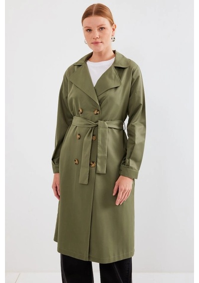 Defymoda 5853 Kruvaze Yaka Trençkot - Haki Haki