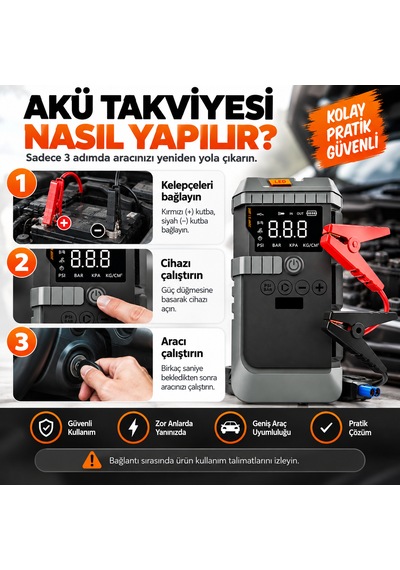 19800 Mah 12v Akü Takviye Cihazı Jump Starter Hava Kompresörlü