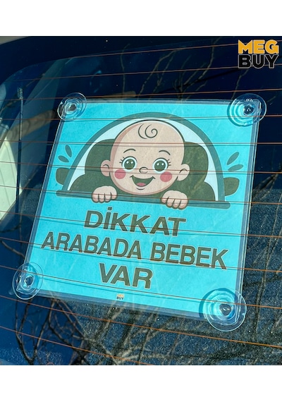 Dikkat Arabada Bebek Var Yazılı Bebek Araba Cam Süsü Oto Aksesuar Vantuzlu Mavi