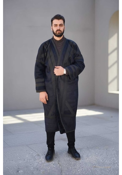 Erkek Uzun Klasik Kürk Palto Görünümlü Kışlık Dış Giyim Unisex Siyah