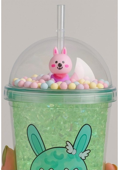 Çift Katlı İçecek Bardağı Led Işıklı Pipetli Kawaii Chibi Sevimli Tavşan Figürlü Suluk 450 Ml Yeşil