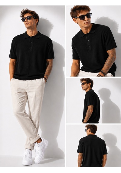 Ribana Erkek Kısa Kollu Fitilli Yarım Düğme Kapama Polo Yaka T-shirt 26001 Siyah