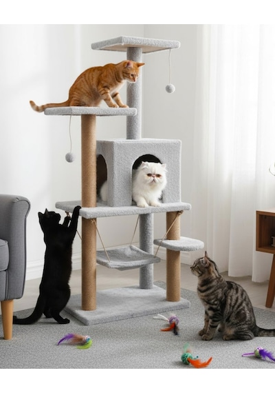 Reyo Pet Y01 Salıncaklı Yuvalı Lüx Kedi Tırmalama Oyun Evi Gri