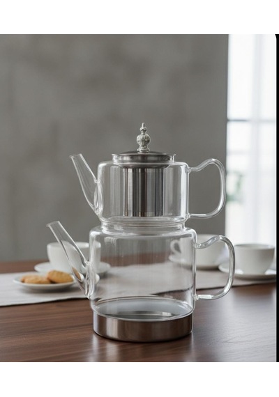 İndüksiyon Tabanlı Borosilikat Cam Çaydanlık Takımı 500 Ml Demlik 1800 Ml Suluk Şeffaf