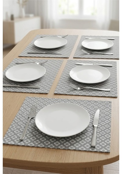 Kumaş Supla Takımı 6 Adet Tabak Altlığı Gri Çiçek Desenli Dikişli Amerikan Servis 35x45 Cm