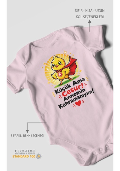 Morivokids Küçük Ama Cesur Annemin Kahramanıyım Kısa Kollu Bebek Body %100 Pamuk Bebe Pembe