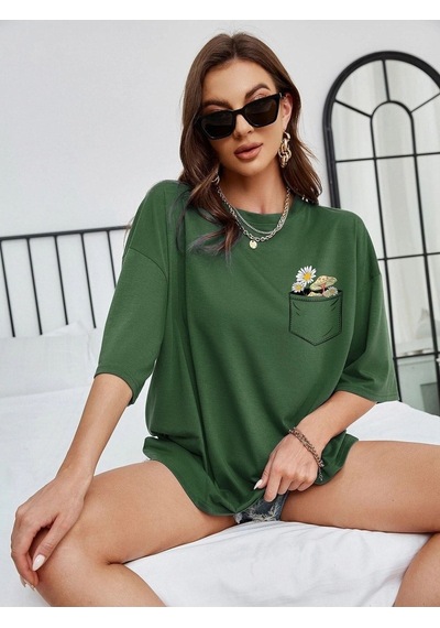 Cep Detay Baskılı T-shirt - Yeşil Oversize Bisiklet Yaka Kısa Kol Yeşil