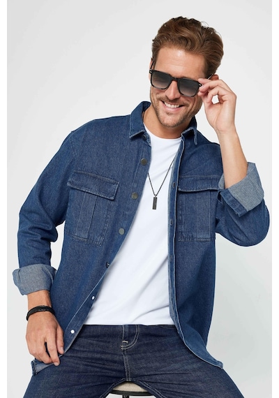 Tudors Relax Fit Uzun Kollu Rahat Kesim Çift Cepli Metal Düğmeli Denim Erkek Gömlek-31321-lacivert Lacivert