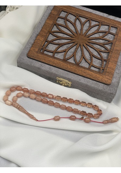 Ayhan Turan İmzalı El Boy Kapsül Somon Pembesi Sıkma Kehribar Tesbih 7x10 Mm Pembe
