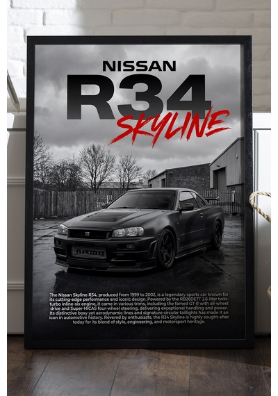 Nissan R34 Skyline Siyah Ahşap Çerçeveli Poster, Dekoratif Araba Duvar Tablosu