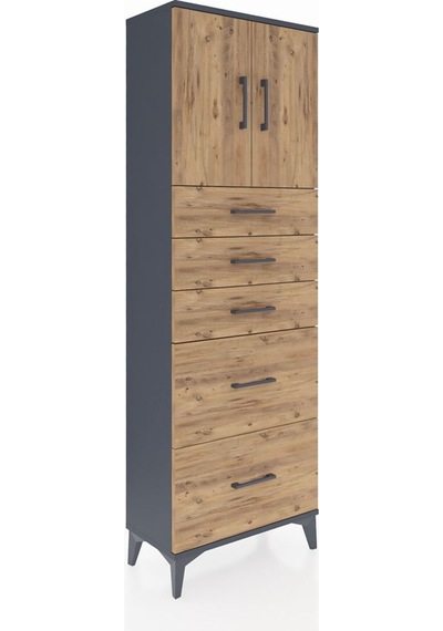 Arges Dolap 2 Raflı 5 Çekmeceli 2 Kapaklı 60x30x182 Antrasit-çam Antrasit