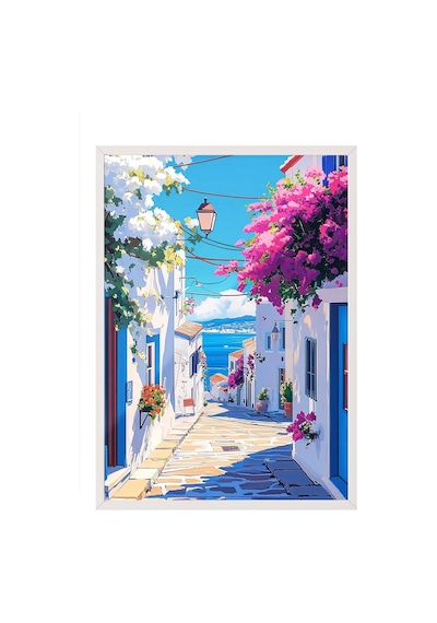 Zestia Beyaz Çerçeveli Tablo, Yunan Adası Sokak Manzarası, Balkon Dekoru Poster No: 111245 50 X 70