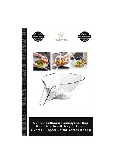 Günlük Kullanım Fonksiyonel Kap Huni Uçlu Pratik Meyve Sebze Yıkama Süzgeci Şeffaf Yemek Kasesi Çok Renkli