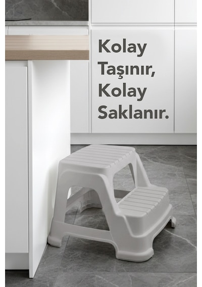 2 Basamaklı Merdiven Tabure - Kaydırmaz Tabanlı Çok Amaçlı Basamak Tabure Gri