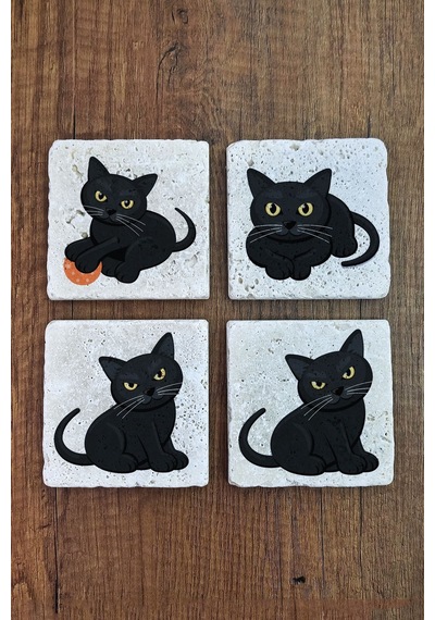 Doğal Taş Bardak Altlığı 4'lü Set 10x10x1 Cm Sinirli Kedi Desenleri -stone Coasters Çok Renkli