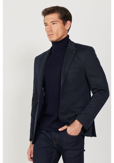 AC&Co / Altınyıldız Classics Erkek Lacivert Slim Fit Dar Kesim Kırlangıç Yaka Desenli Ceket Lacivert