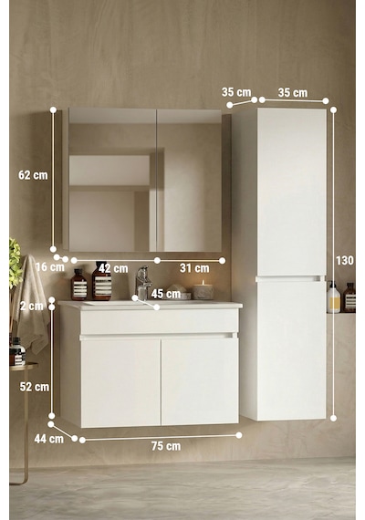 Lotus 75+35 Cm Beyaz Mdf Seramik Lavabolu Asma Banyo Dolabı Takımı