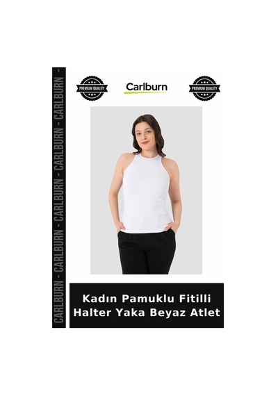 Carlburn Premium Kadın Pamuklu Fitilli Halter Yaka Beyaz Atlet Tekli Ürün Esnek Yapı Düz Tasarım