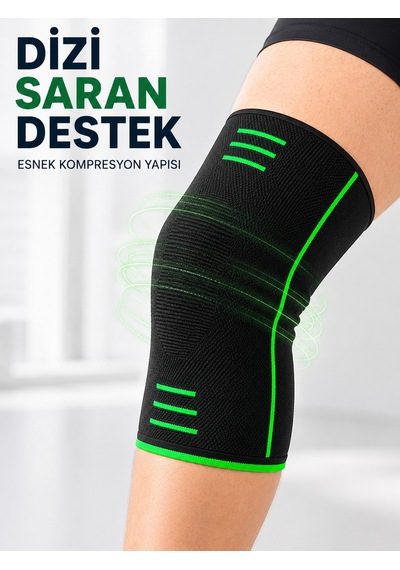 Siyah Yeşil Diz Desteği Esnek Örme Kumaşlı Spor Dizlik - Lisinya