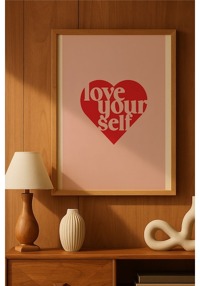 Love Yourself Kendini Sev Doğal Ahşap Çerçeveli Poster, Dekoratif Kalpli Duvar Tablosu