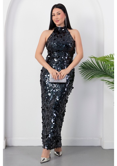 Kalopya Halter Yaka Büyük Pullu Elbise Abiye Ecr6094 Lacivert