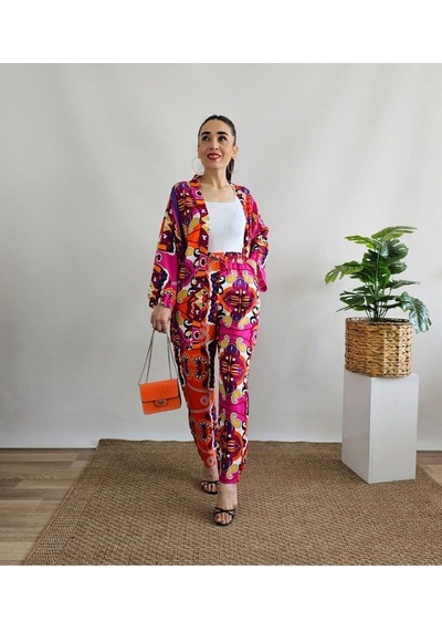 İpli Fuşya Renk Etnik Desenli Viskon Kumaş Kimono Takım Fuşya