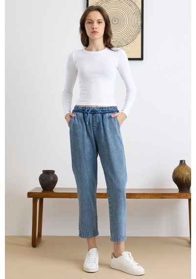 Olcay Bağcık Detaylı Beli Lastikli Soft Denim Pantolon Mavi 7586