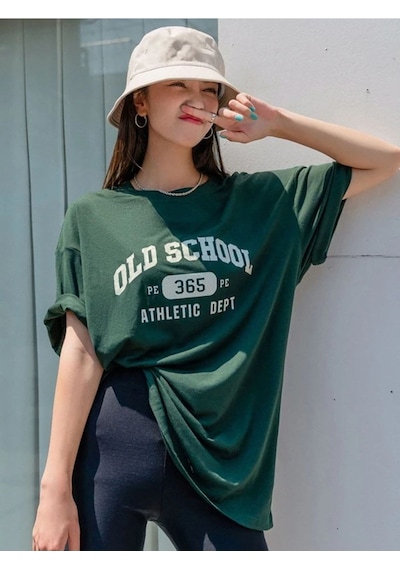 Flood Of Style Kadın Yeşil School Baskılı Bisiklet Yaka Tshirt