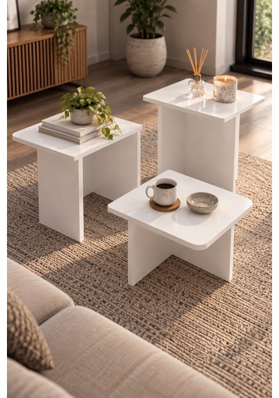 Sulorahome 3'lü Modern Beyaz Zigon Sehpa Seti