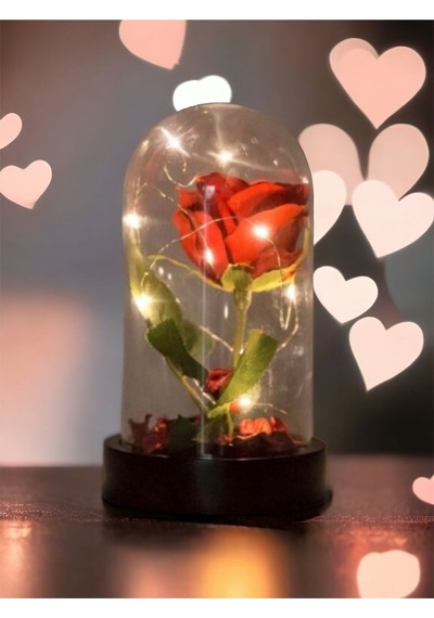Fanusta Led Işıklı Kırmızı Yapay Gül Sevgiliye Özel Dekoratif Hed