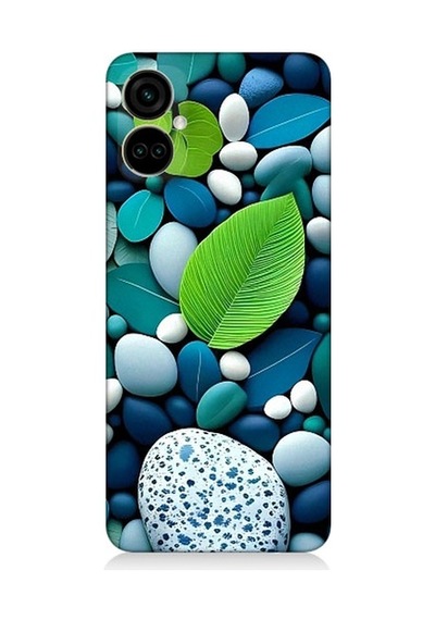 Tecno Camon 19 Pro Uyumlu Mavi Turkuaz Taşlar Ve Yeşil Yaprak Desenli Silikon Kılıf