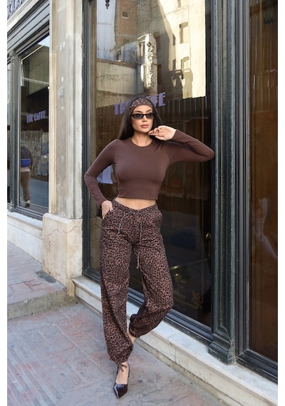 Kechi Woman Gabardin Kumaş Desenli Pantolon Kahve Leopar