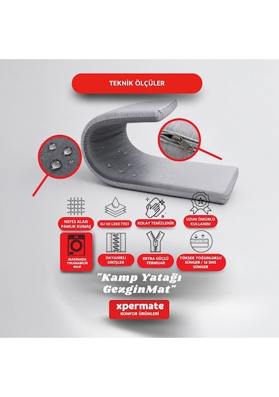 Xpermate Gezginmat Kamp Yatağı Tek Kişilik Taşıma Çantalı Kamp Matı 70 x 180 x 6 CM Gri