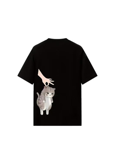 Hand And Cat Kadın Oversize Basic Bisiklet Yaka Pamuklu T-shirt Rahat Kesim Unisex SIYAH