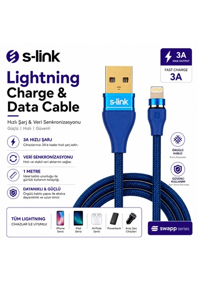S-link Sw-c640 Lightning Hızlı Şarj Ve Veri Aktarım Kablosu Mavi
