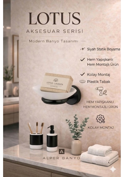 Alper Banyo Lotus Yapışkanlı Mat Siyah Sabunluk, Plastik Tabaklı