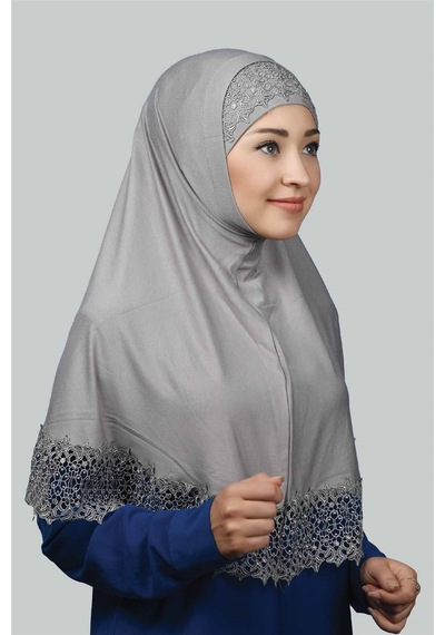 Altobeh İkili Set Dantelli Pratik Eşarp Hazır Hijab Ve Tesettür Bonesi Xl Gri
