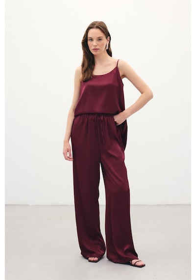 Sateen Bağcıklı Salaş Pantolon - Bordo-136385 Bordo