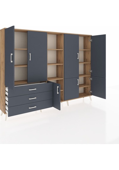 Arges Dolap 11 Raflı 3 Çekmeceli 7 Kapaklı 220x30x163 Çam-antrasi Çam-antrasit