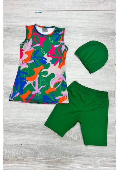 My Kids Wear Üç Parça Kız Çocuk Kısa Şortlu Mayo Yeşil