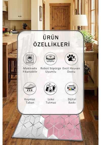 Süetro Pembe Gri Yıkanabilir Mutfak Halısı