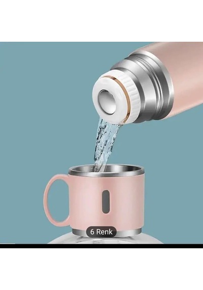 Termos Seti, Paslanmaz Çelik Termos 500ml, 2 Fincan İle, Seyahat Seti, Pembe