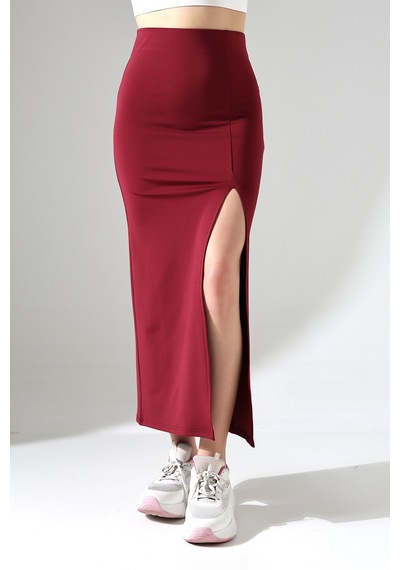 Winmoda34 Kadın Önden Derin Yırtmaçlı Dalgıç Etek Full Likralı Maxi Boy 92 Cm Bordo