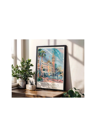 Monte Carlo Monaco Travel Poster Ahşap Çerçeveli Dekoratif Duvar Tablosu Siyah