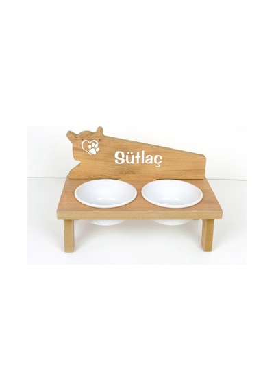 Kedi Su Ve Mama Kabı Standı - Özel İsimli - Kedi Kafa Modeli - Meşe Mdf-beyaz Seramik Kase - 2 400ml