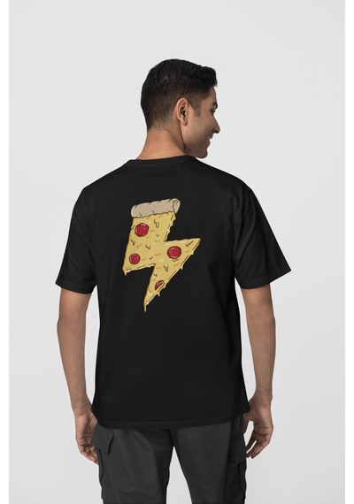 Pizza Ön-arka Baskılı %100 Pamuk Beyaz Kadın/erkek Unisex Rahat Kalıp Oversize T-shirt Siyah