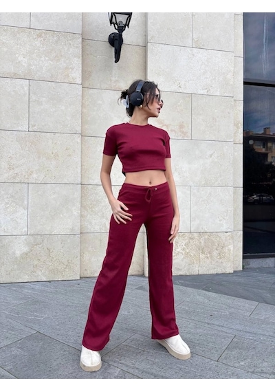 Kazax Bol Paça Pantolonlu Alt Üst Takım Bordo