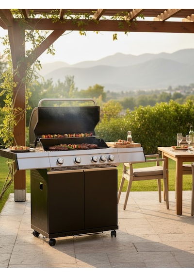 Gazlı Barbekü Mangal 4+1 Brülörlü Döküm Izgaralı 136x54x115 Cm Çelik