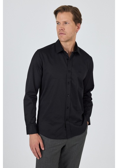 İmza Uzun Kol Düz Bez Ayağı Sert Yaka Cepsiz Pamuklu Classic Slim Fit Gömlek 1004250211 Siyah