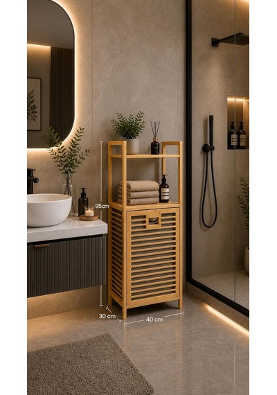 Bambu Çamaşır Sepeti, Raflı Ve Kapaklı, Çıkarılabilir Bezli, Banyo Organizeri, 40x30x95 Cm Çok Renkli